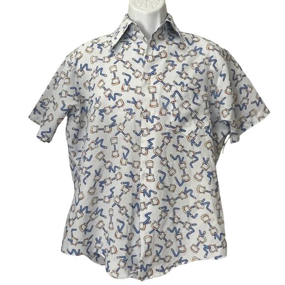 VINTAGE 70s Kmart Equestrian Bit and Bridle Short Sleeve Shirt Size Med 15.5 - Picture 1 of 5